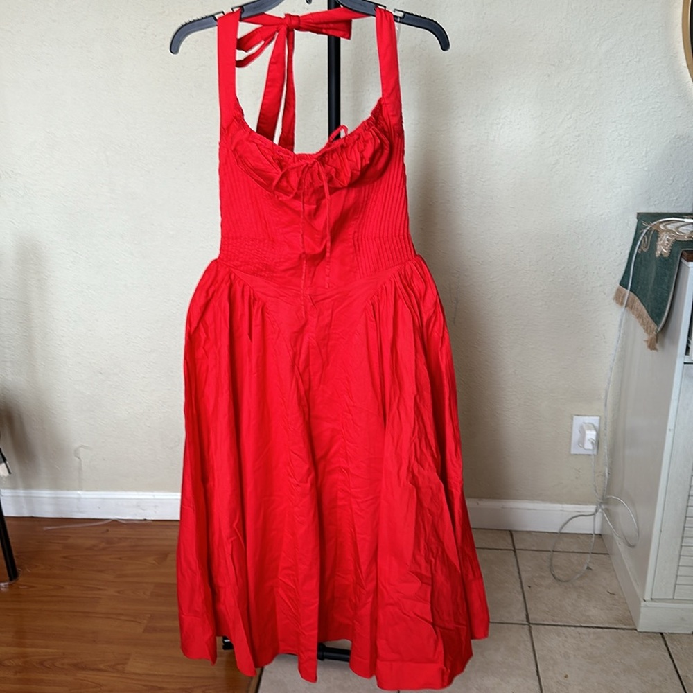 HOUSE OF CB 'Adabella' Italian Tomato Cotton Halter Sundress NWOT size L - Picture 5 of 12